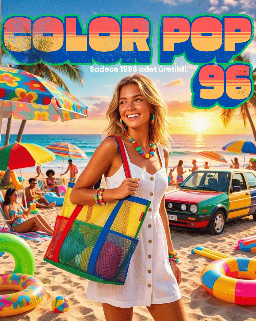 Baghashtag Color Pop 96 Limited Edition: 6 Cepli Çok Renkli File Plaj Çantası - Görsel 3