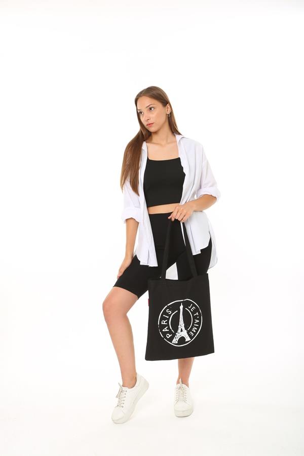 Baghashtag Siyah Bez Çanta Paris Baskılı - Görsel 2