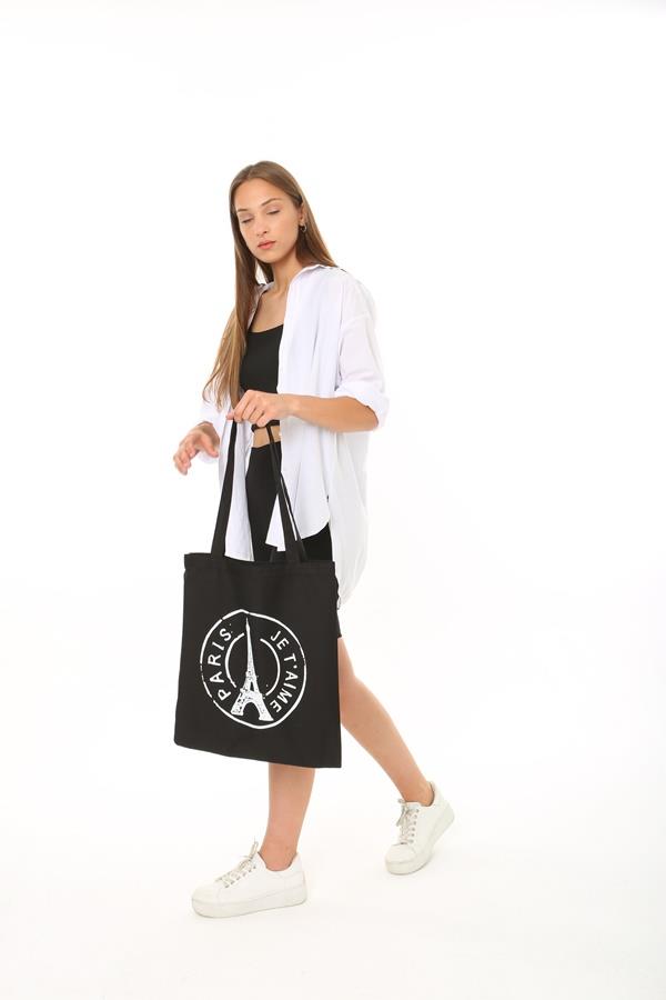 Baghashtag Siyah Bez Çanta Paris Baskılı - Görsel 8