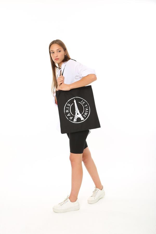 Baghashtag Siyah Bez Çanta Paris Baskılı - Görsel 9