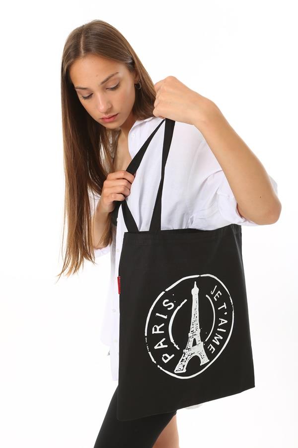 Baghashtag Siyah Bez Çanta Paris Baskılı - Görsel 10
