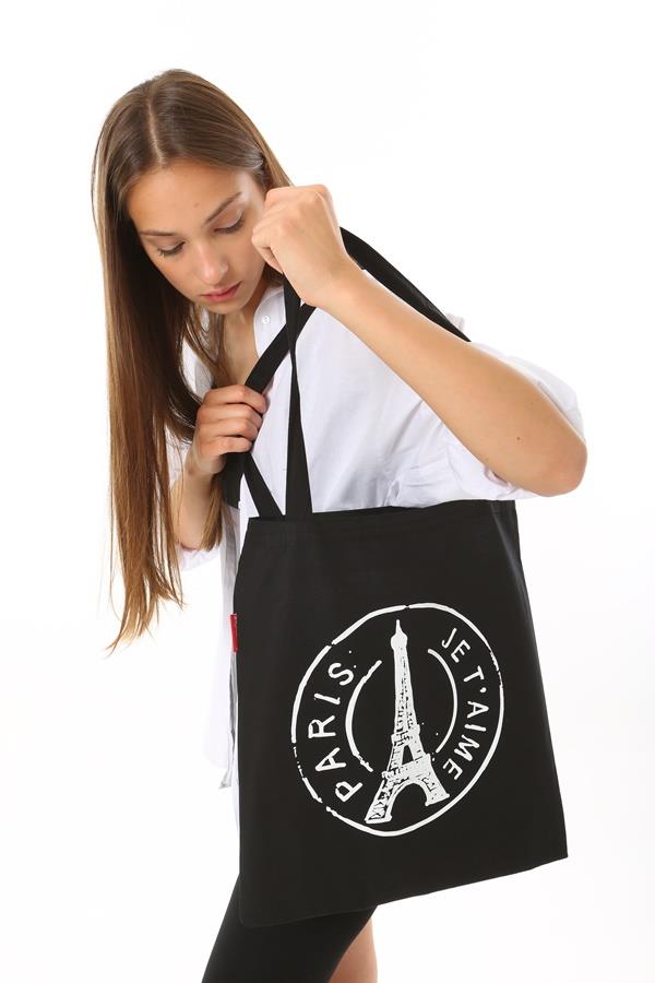 Baghashtag Siyah Bez Çanta Paris Baskılı - Görsel 11