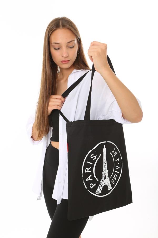Baghashtag Siyah Bez Çanta Paris Baskılı - Görsel 12