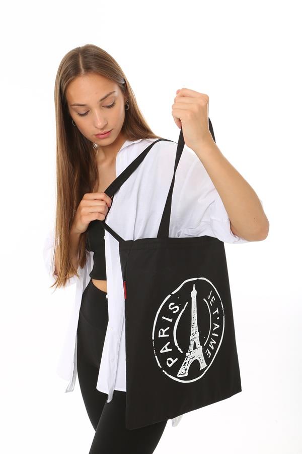 Baghashtag Siyah Bez Çanta Paris Baskılı - Görsel 13