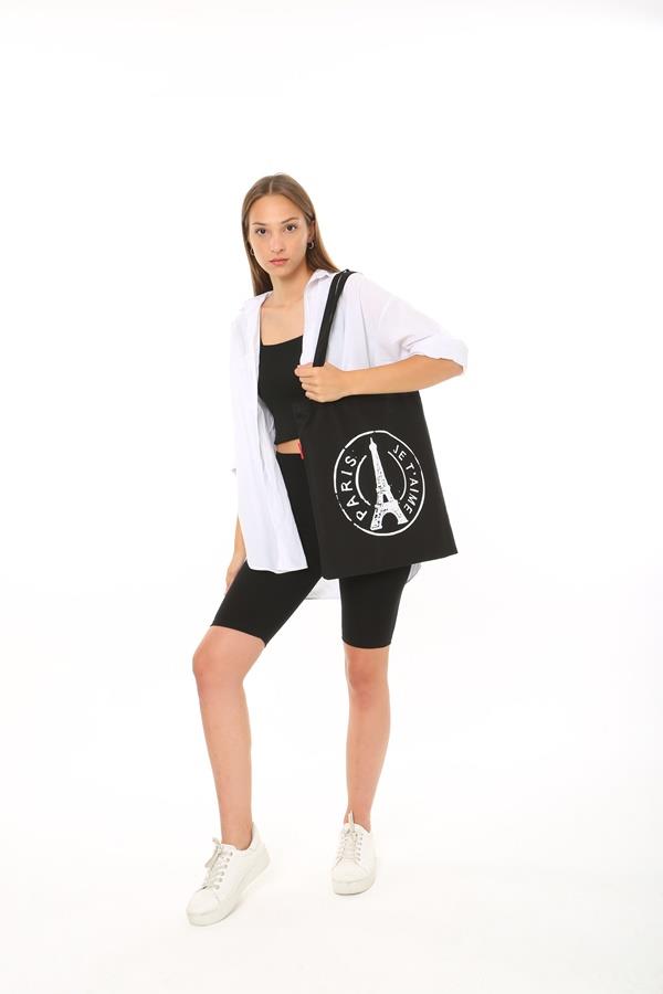 Baghashtag Siyah Bez Çanta Paris Baskılı - Görsel 18
