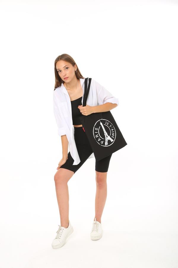 Baghashtag Siyah Bez Çanta Paris Baskılı - Görsel 20