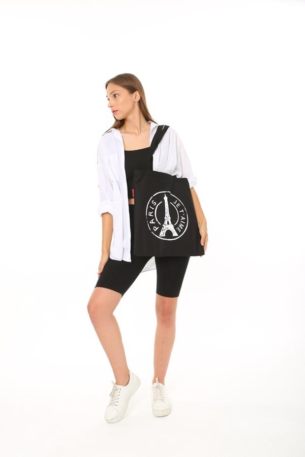 Baghashtag Siyah Bez Çanta Paris Baskılı - Görsel 22