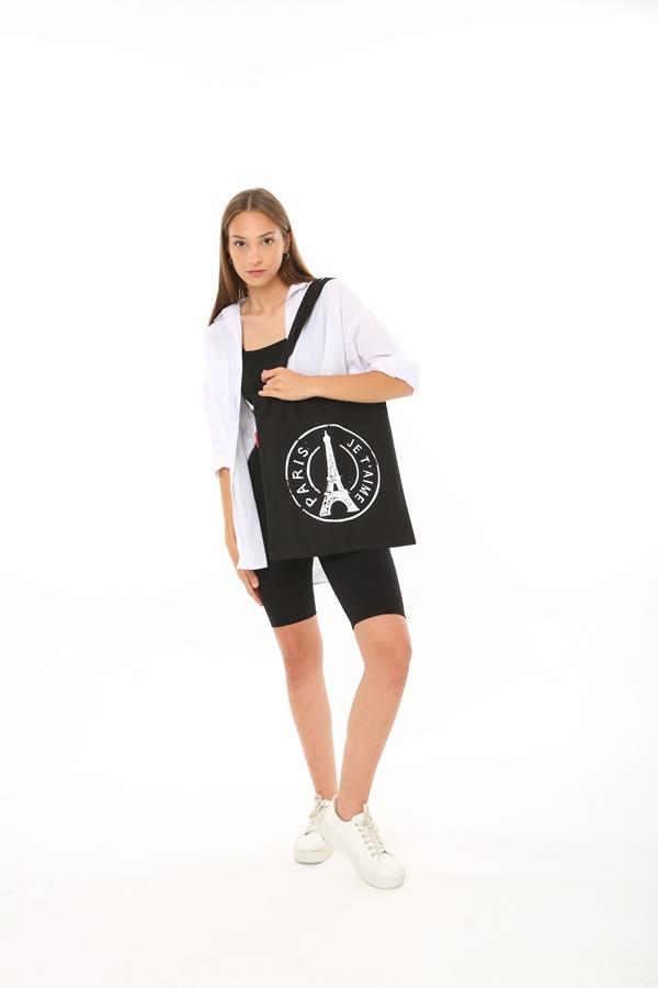Baghashtag Siyah Bez Çanta Paris Baskılı - Görsel 23