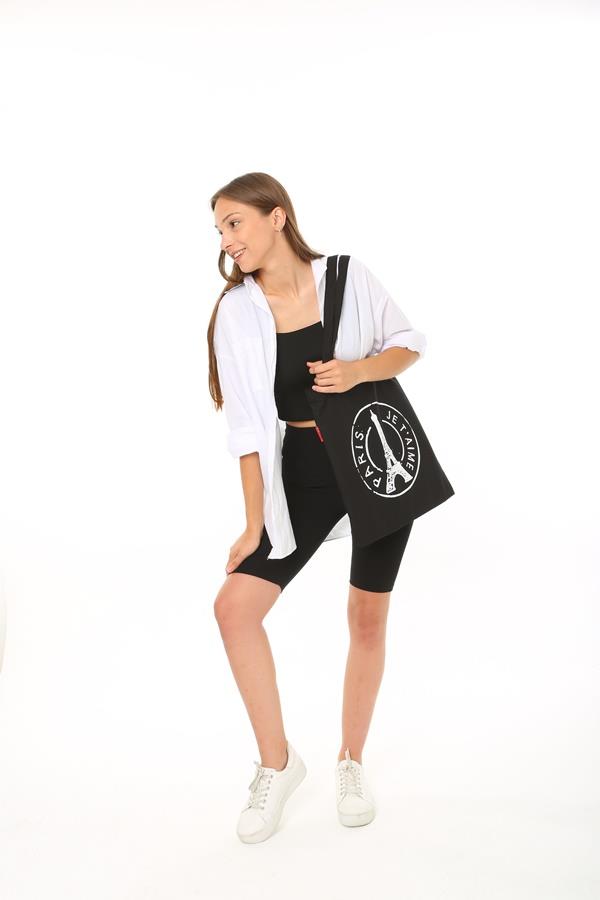 Baghashtag Siyah Bez Çanta Paris Baskılı - Görsel 24