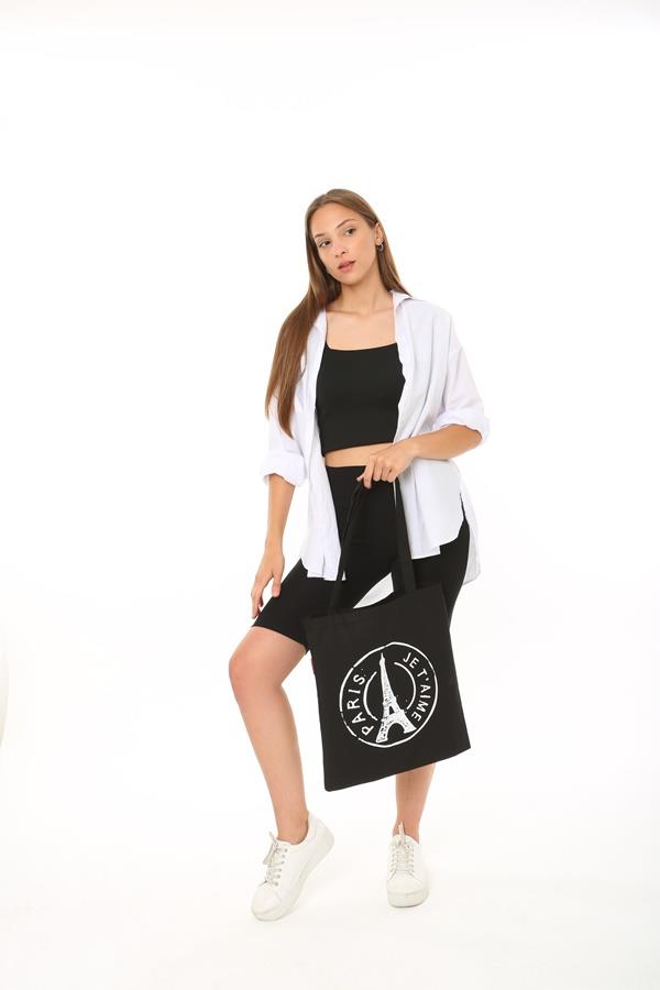 Baghashtag Siyah Bez Çanta Paris Baskılı - Görsel 26